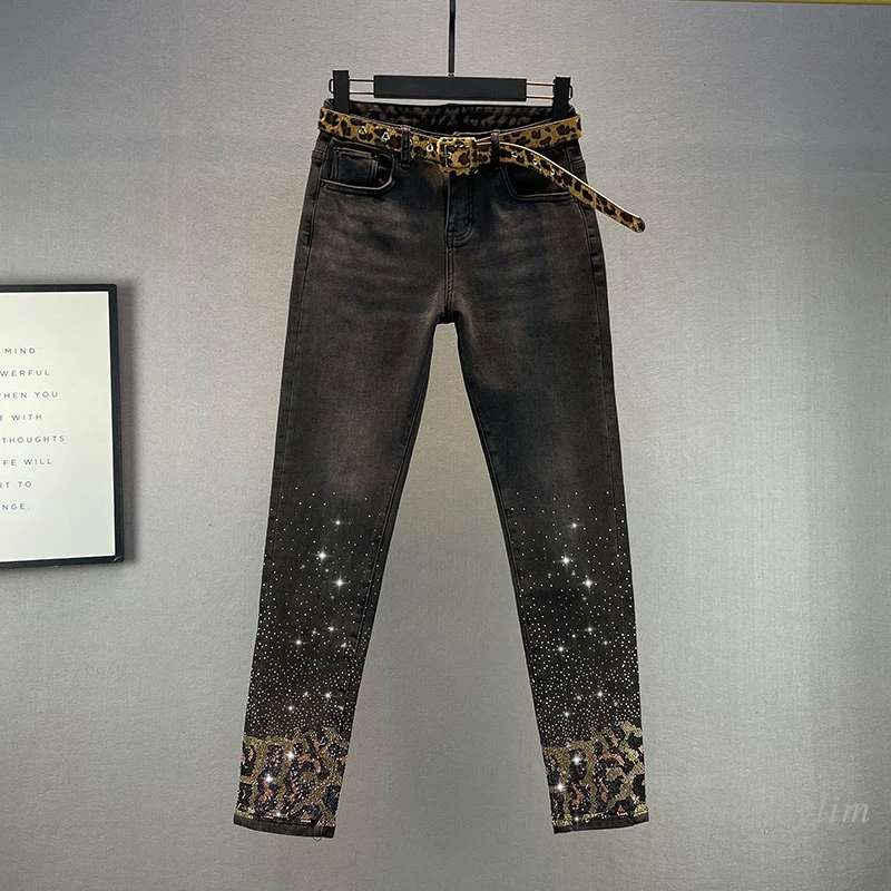 

Leopard Rhinestone Jeans Women's 2021 Spring and Autumn New Elastic High Waist Slim Fit Black Denim Pencil Pants