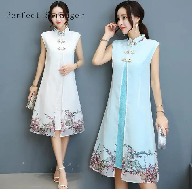 Cheongsam поддельные две части Лето Новое поступление цветок печатных женщина шифон платье