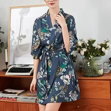 Женское платье, набор, весна-лето, шелк, Повседневный, свободный, тонкий, короткий, с рисунком, половина рукава, кардиган, пижама с поясом