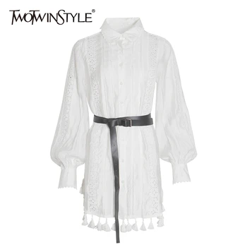 

TWOTWINSTYLE Tassel Patchwork Shirt For Women Lapel Collar Lantern Sleeve Hollow Out Sashes Long Blouse Female 2020 Summer