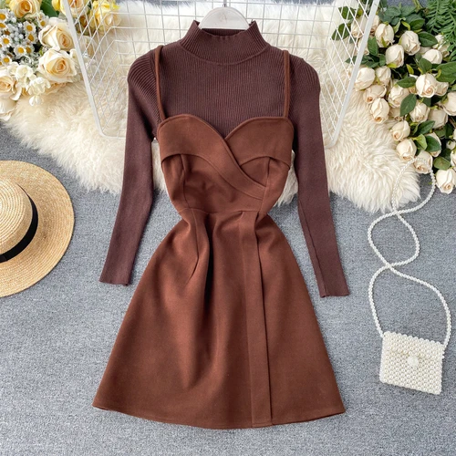 Dark Brown Осенняя и зимняя женская новая трикотажная нижняя рубашка с длинным рукавом+ модное сексуальное платье без рукавов комплекты из двух предметов K555 - Цвет: Dark Brown