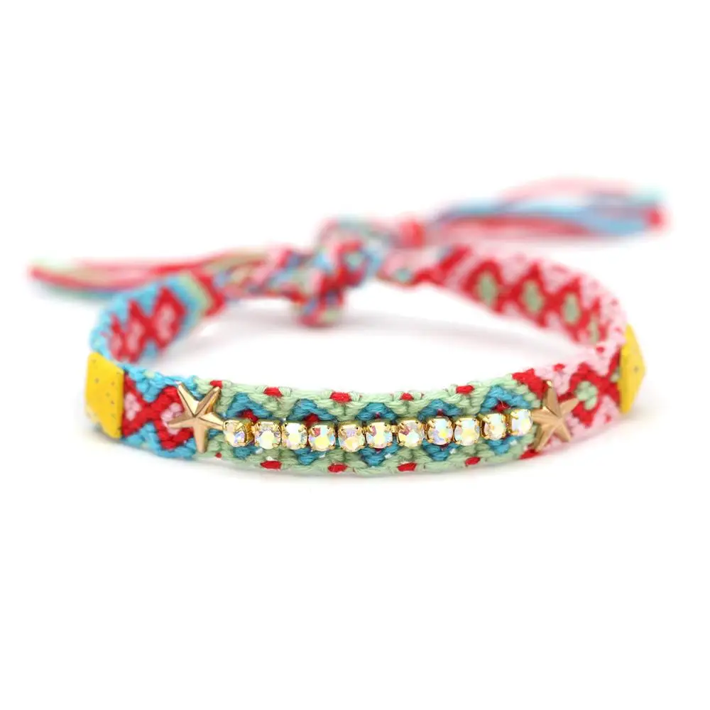 

Glaring Crystal Star Woven Friendship Bracelet Women Men Multicolored Embroidery Thread Braid Thin Aztec Tribal Jewelry Gift