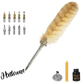 

Hethrone English Calligrap Feather Pen Metal Nibbed Set Vintage Birthday gift ink Pen Dip Water pen Metal Quill Fountain Pen