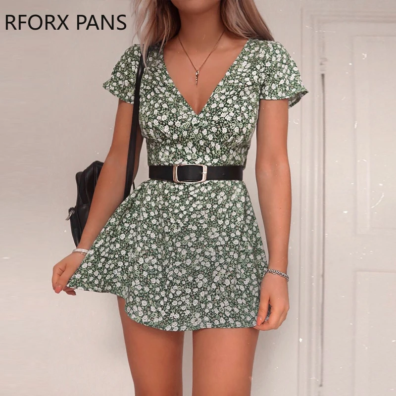 Women V-Neck Short Sleeve Floral Print Dress  Bodycon Sexy Party Dress