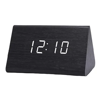 

Modern Triangle LED Wooden Alarm Clock Classical Digital Sound Control Desk Clock Thermometer (Black Wood and White Light)