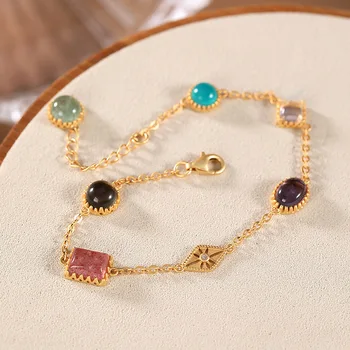 

925 sterling silver natural stone strawberry quartz gemstone Amaonite bracelet gold-plated fine jewelry women