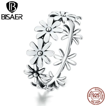 

BISAER 100% 925 Sterling Silver Little Daisy Rings for Romantic Women Crystal CZ Wedding Finger Ring Jewelry GXR670