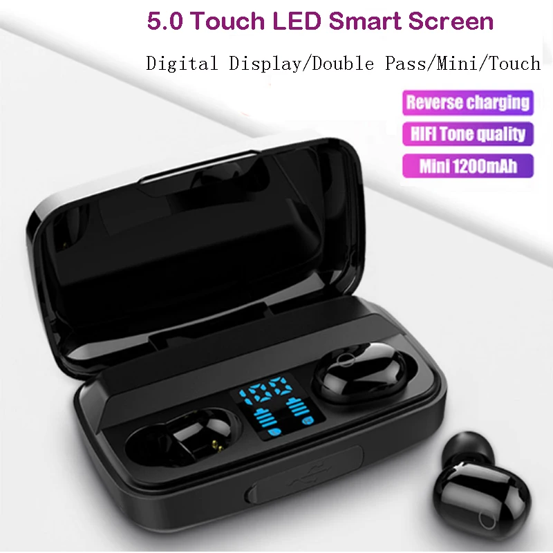 

F2 TWS319 Bluetooth5.0 earphone LED smart display 1200mah charging box for earphone or mobile phone HIFI eaphone for music