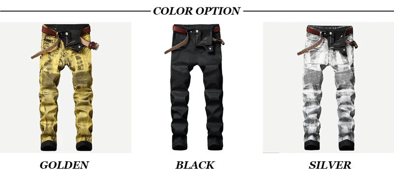 Fashion Streetwear Men Jeans Golden Silver Coating Paint Deisgner Motor Biker Jeans Homme Punk Pants Spliced Hip Hop Jeans Men