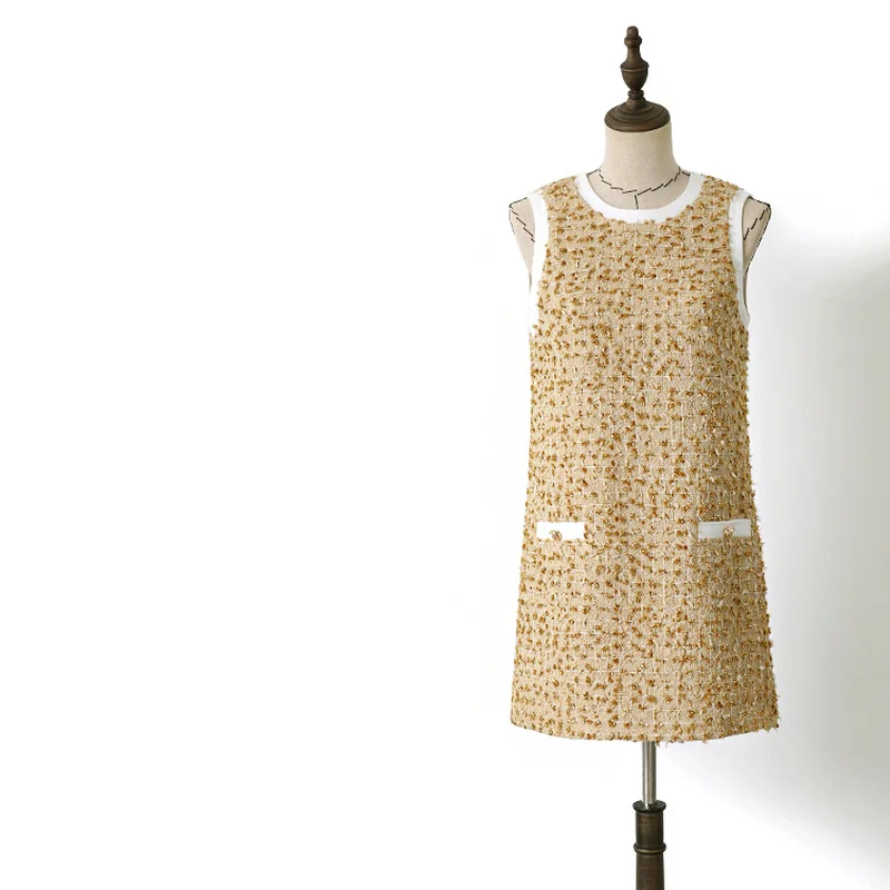 

2019 summer fall women elegant golden lurex plaid tweed dress o-neck buttons patchwork vintage sleeveless dress y360