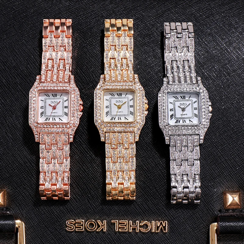 Women's Fashion Diamond Square Steel Band Diamond Dracelet Women's Watch Roman Lettering Small Dial Trendy Student Quartz Watch