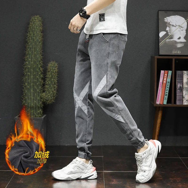 2020 Autumn Winter Men's Cotton Elastic Jeans Plush Thicken Denim Pants Patchwork Quality Casual Warm Velvet Leggings Trousers
