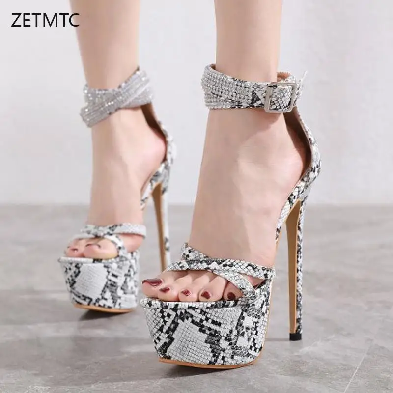 

Women's summer shoes Gladiator Super high heels 17cm platform sandals Snake pattern luxury shoes women designers Party PU