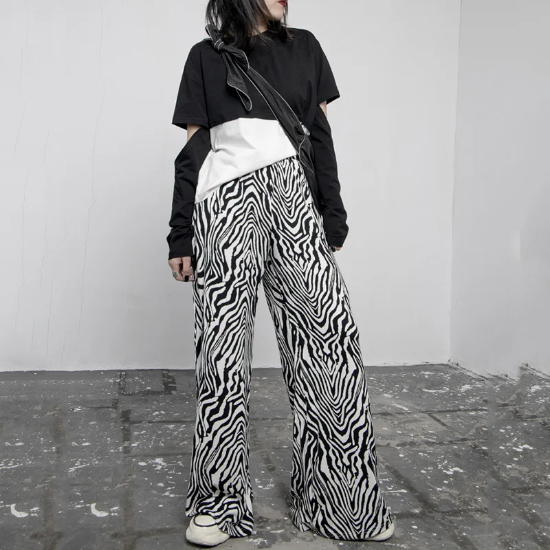 [EAM] High Elastic Waist Zebra Pattern Long Wide Leg Trousers New Loose Fit Pants Women Fashion Tide Spring Autumn 2020 1Z932