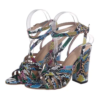 

2020 Summer Color Snakeskin Open Toe Thick Heels Gladiator For Women Sandals Fashion Streetwear Ankle Buckle Strap Ladies Shoes