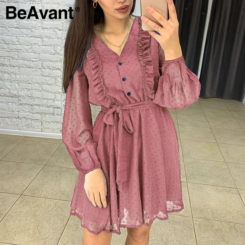 

BeAvant Casual Polka Dot Ruffles Short Dress New Female Lantern Sleeve V Neck Sexy Dress Summer Women 2020 Boho Dresses vestidos