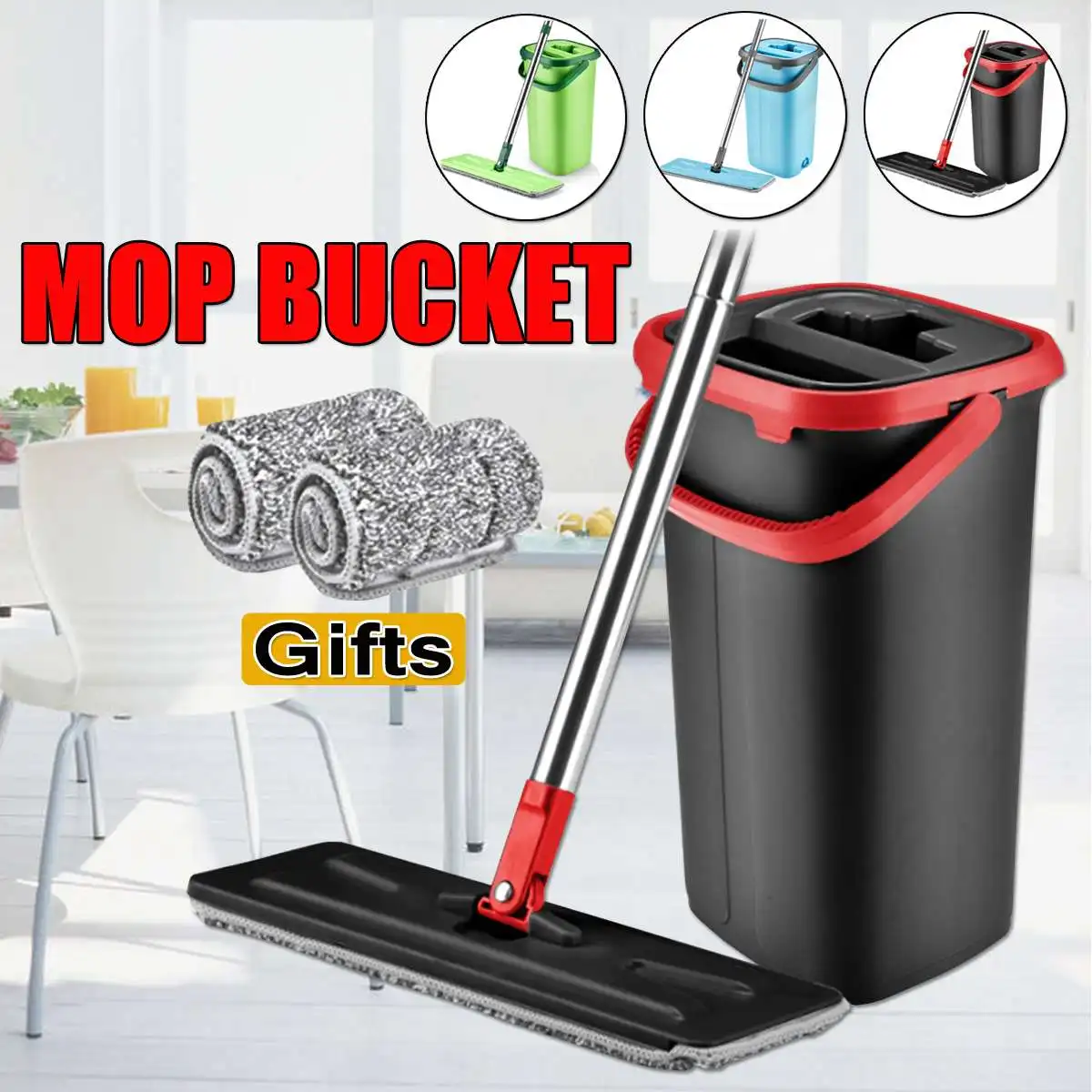 

Flat Squeeze Floor Mop and Mop Bucket Hand Free Wringing Floor Cleaning Mop with Microfiber Mop Pads for Kitchen Floor Cleaning