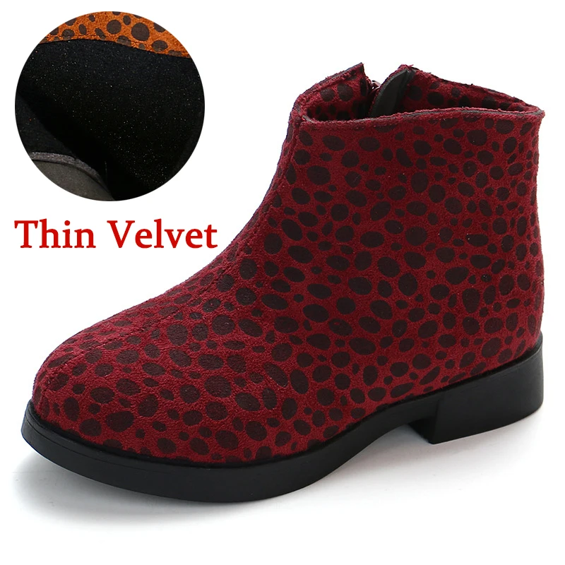 Thin Velvet Red Зимние ботинки для девочек; Модные леопардовые кожаные детские Ботинки martin; обувь принцессы для девочек; бархатная теплая детская хлопковая обувь; ботильоны - Цвет: Thin Velvet Red