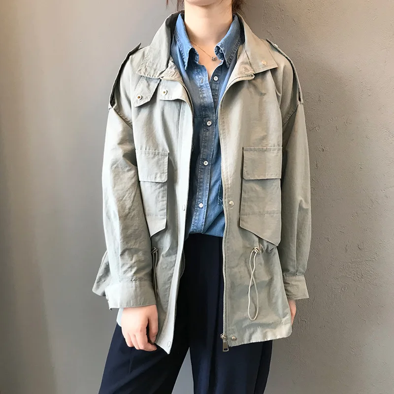 

Female Stand Collar Safari Jacket 2019 Woman Tops Clothes Windbreaker Leisure Time Outwear Loose Coat