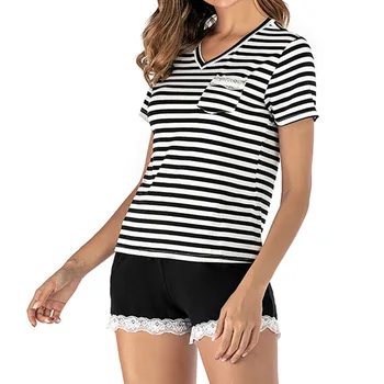 

Women V Neck Summer Solid Pajama Short Set Sleepwear Home Hotel Lace Bedroom Stripes Print Sexy Smooth Soft