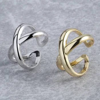 

925 Sterling Silver Double Layer Cross X-shaped Gold Color Ring Opening Size Ring For Women Men S-R703