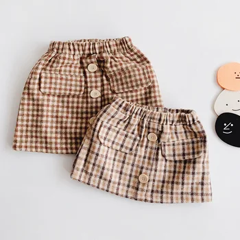 

2019 Autumn Winter A Line Mini Skirt Toddler Girls Plaid Cotton Skirts School Girl Skirt with Buttons Children Clothing 1-5Years