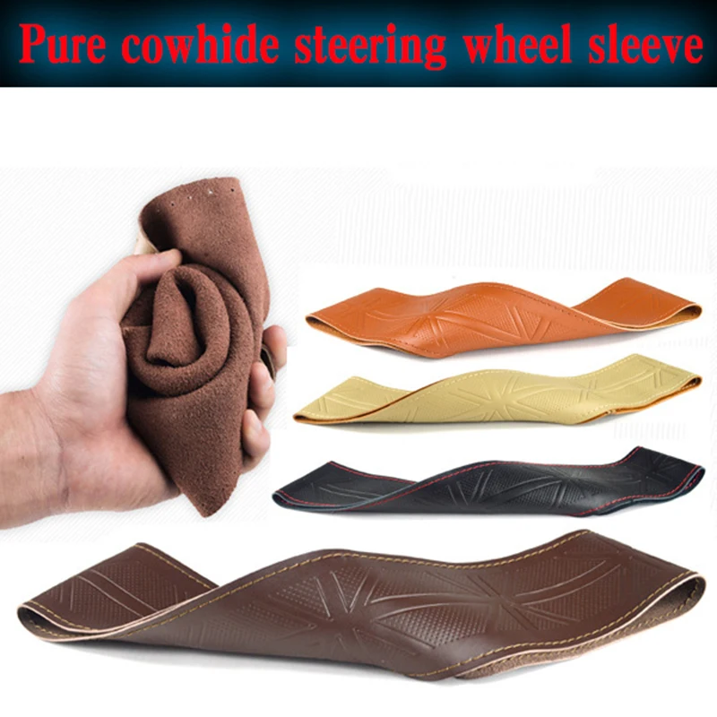 

Car Steering Wheel Cover Soft Anti slip 100% Cowhide Braid Leather handsewn car steering wheel sleeve 38CM Interior Accessories
