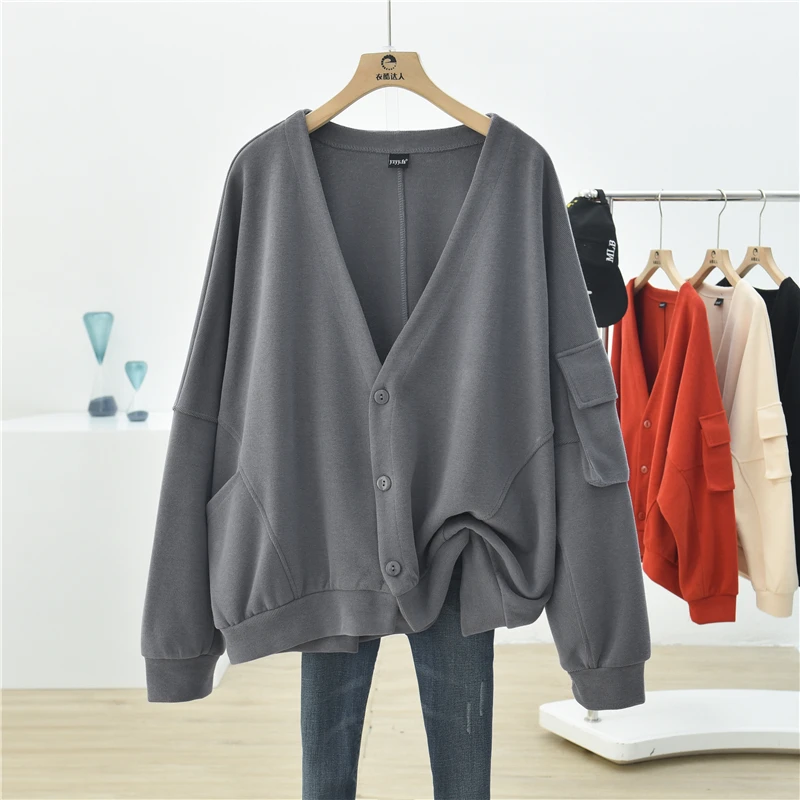 

2021 Simple Women Sweatershirt Coat Korean Loose V Neck Long Sleeve Single-Breasted Female Casual Hoodies Cardigan Ropa Mujer