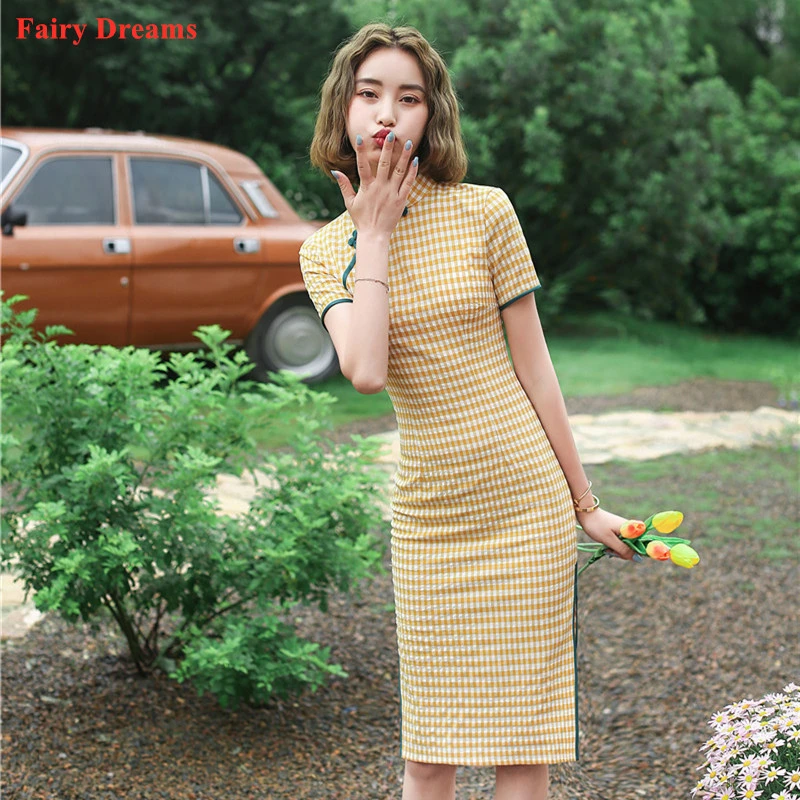 Cheongsam mujeres modernas 2020 vestido chino Qipao manga corta amarillo a cuadros ropa tradicional señoras de talla grande Vestidos|Qipaos| - AliExpress