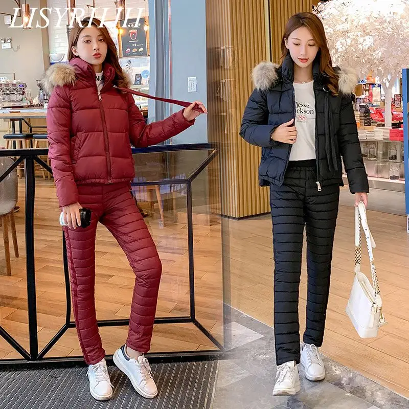 

Tracksuit women 2019 winter Parka Real fur collar hooded cotton jacket coat pants suits female Down cotton 2 piece sets warm
