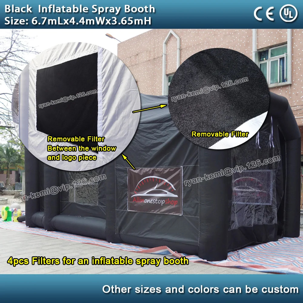 6,7 м х 4,4 м, надувная покрасочная будка, черная надувная автомобильная краска, кабина, палатка, надувной гараж с 4 фильтрами, 2 воздуходувки