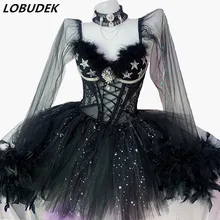 Прозрачное боди с черными перьями и кристаллами, юбка-пачка, наряд, сексуальная одежда для бара, клуба, диджеев, певицы, одежда для сцены, вечерние костюмы