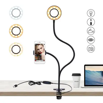 

Selfie Ring Light with Cell Phone Holder for Live Stream Phone Clip Holder Adjustable Desk Lamp Makeup Light Daylight 5600K