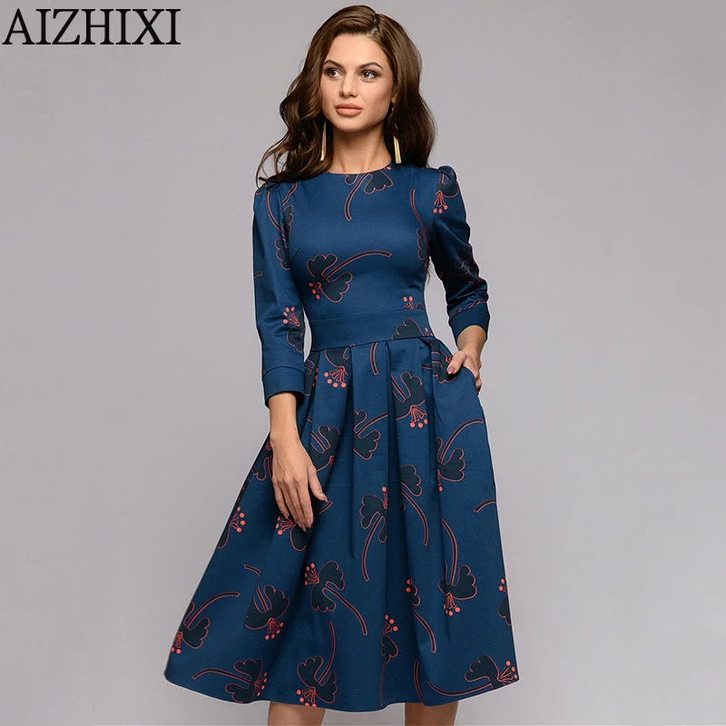 AIZHIXI 秋 Elegent 3/4 スリーブ Florl の女性のカジュアル O-ネック A ライン夏ドレス Elegent パーティー Vestidos