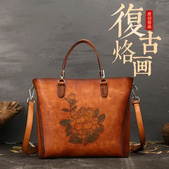 

2020 New First Layer Cow Leather Women Bag Vintage Hand Painted Handbag Casual Tote Hasp Large Shoulder Messenger Bags
