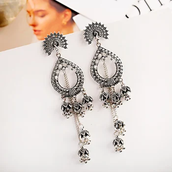 

Women's Indian long Tassel Earrings Vintage Ethnic Silver Plated Peacock Carved Water Drop Dangle Earrings Wedding party Jewelry