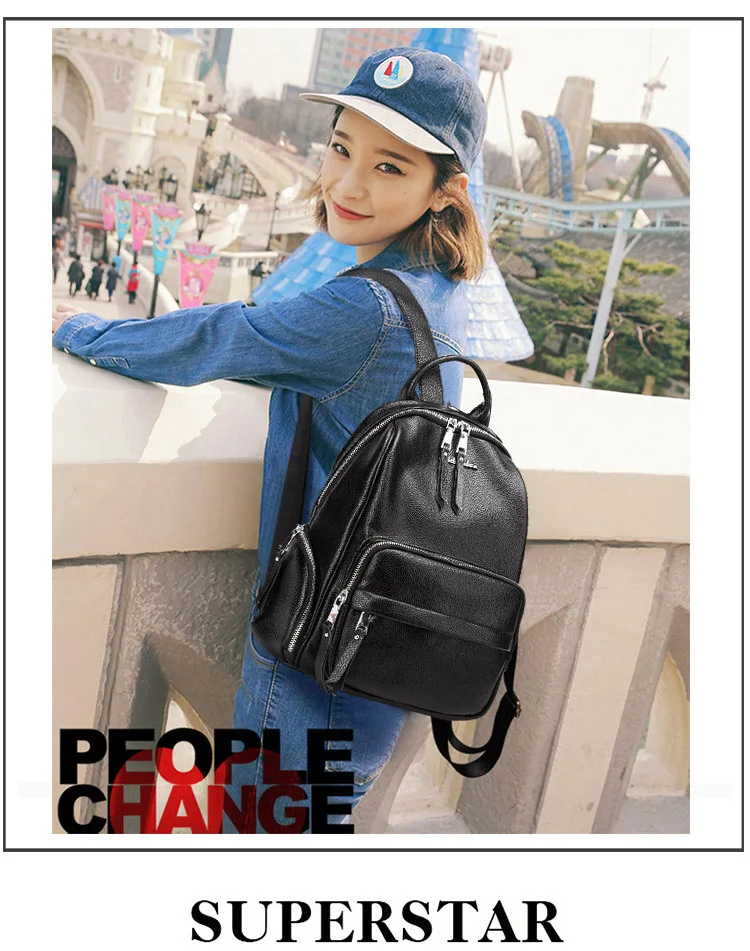 Double zipper Women Backpack Retro Black Ladies Large Soft Real Leather Backpacks Purse 15 inch Casual Girls School knapsack Bag (3)