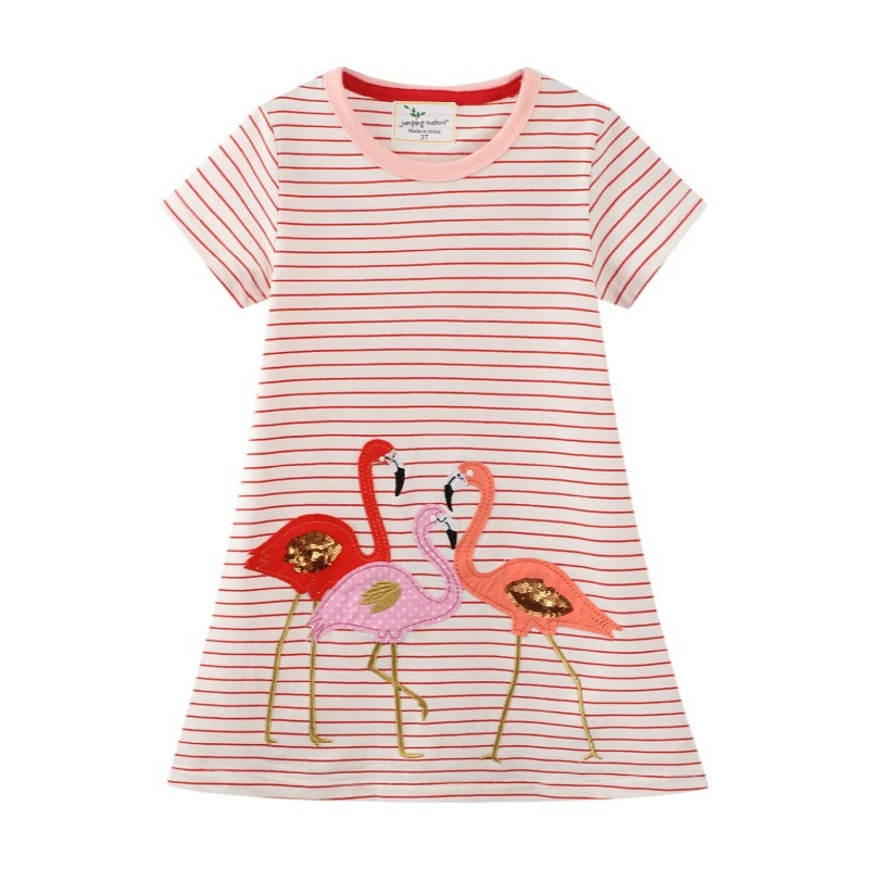 baby dresses Jumping Meters Girls Flamingo Embroidery Beading Children's Dresses Cotton Stripe Summer Short Sleeve Toddler Birthday Dress boutique baby dresses