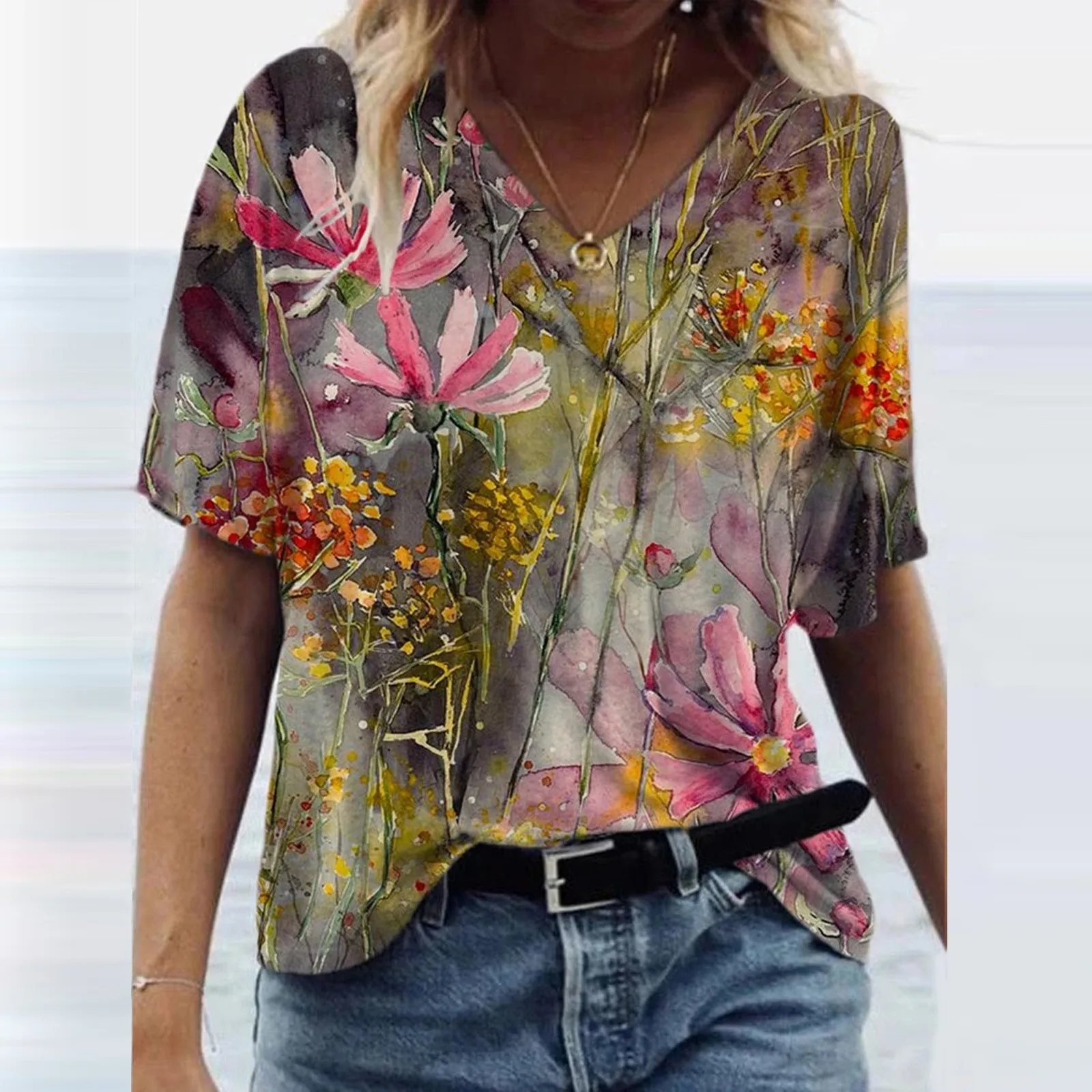 Vintage Woman Tshirts Women Summer Flower Printed Short Sleeve V-Neck T-Shirt Casual Tee Tops Graphic T Shirt