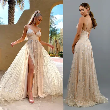 

2020 Good Quality Europe and America Sexy Deep V Halter Dress With Slit Skirt Wedding Grown For Bridal Weddng Dresses