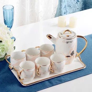 

Ceramic Tea Mugs & Pot Set Breakfast Milk Coffee Cups With Tray Drinkware Eco-Friendly 8 Pieces Set Gift Box Wedding Gift