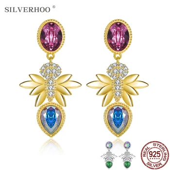 

SILVERHOO Emerald Earrings For Women Sterling Silver 925 Heart Drop Earrings Colorful Austria Crystal Party Fashion Jewelry Best