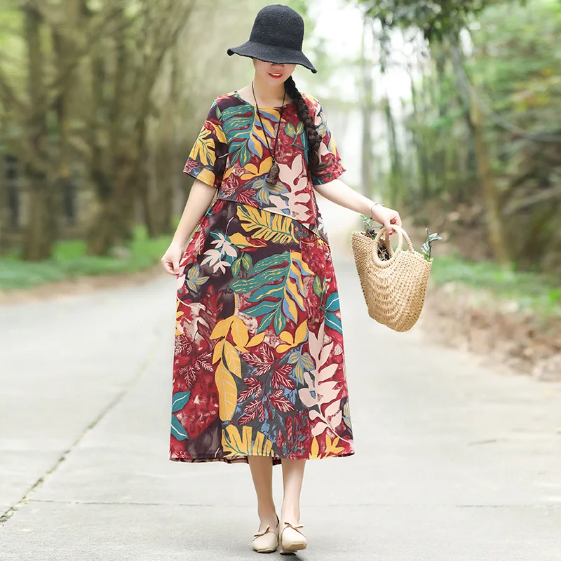 

2019 Summer New Style Ethnic-Style Printed Cotton Linen Short-sleeve Dress Women's Large Size Dress Slimming Loose-Fit Long Skir