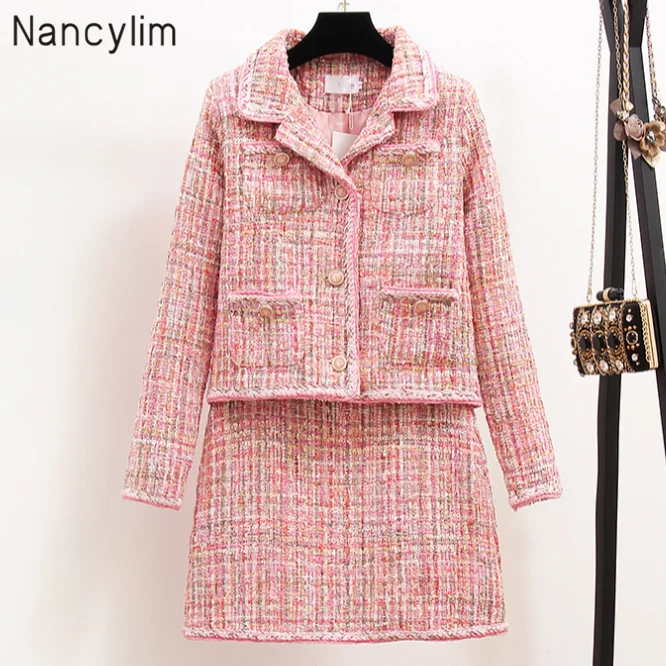 

Temperament Tweed Sets Women Two Piece Set 2019 Autumn Winter New Pink Tweed Coat Jacket + Short Skirt Ladies Outfit Students