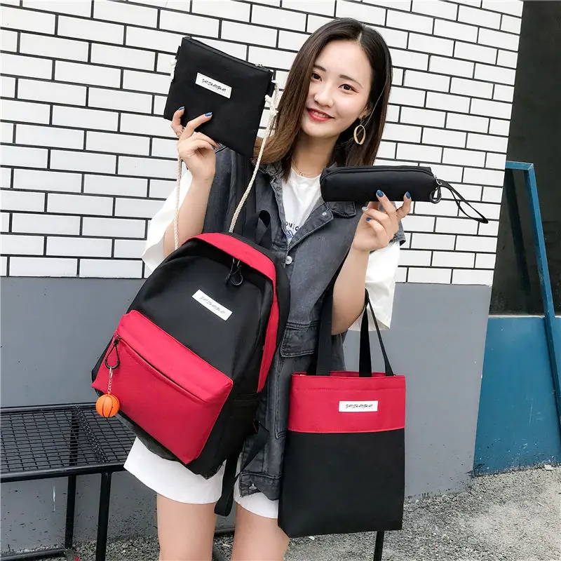 Женский рюкзак PUBGS, новинка, холщовые сумки для студентов, школьные сумки, 4 предмета в комплекте, с панелями, функциональные, повседневные, в консервативном стиле, большая ВМЕСТИТЕЛЬНОСТЬ - Цвет: Black Red Set