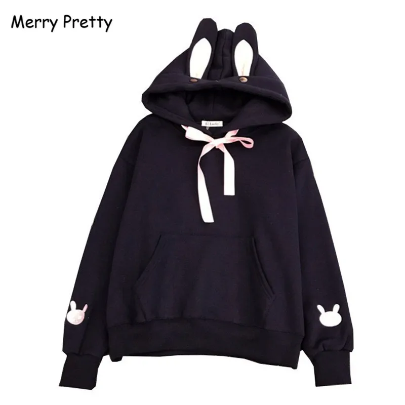  Merry Pretty Kawaii Sweet Rabbit Ears Hooded Sweatshirt Women Harajuku Cartoon Embroidery Hoodies T