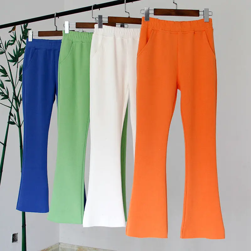2021 Spring Summer Candy Color High Waist Elastic Waist Slim Ankle Length Flare Pants Casual Streetwear Long Pants Trousers split jeans women s high waist slim 2021 summer spring ankle length pants flared pants student trendy blue two buckle auutumn