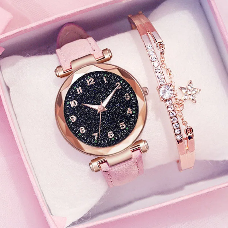 

Women Diamond Watch Starry Square Dial Bracelet Watches Set Ladies Leather Band Quartz Wristwatch Female Clock Zegarek Damski