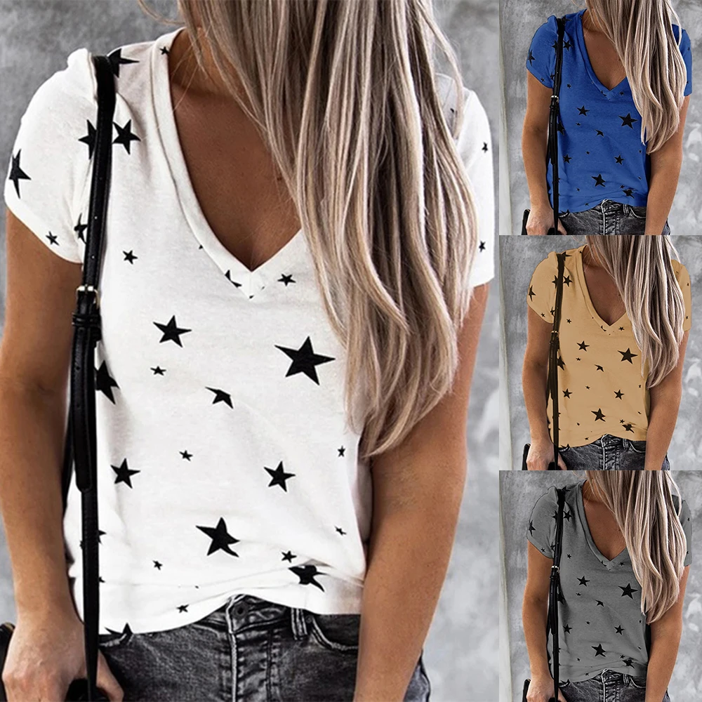 Women Summer Loose Cotton Pullover Blouse Casual digital Stars Printed V Neck Short Sleeves Plus Size T-Shirt | Женская одежда