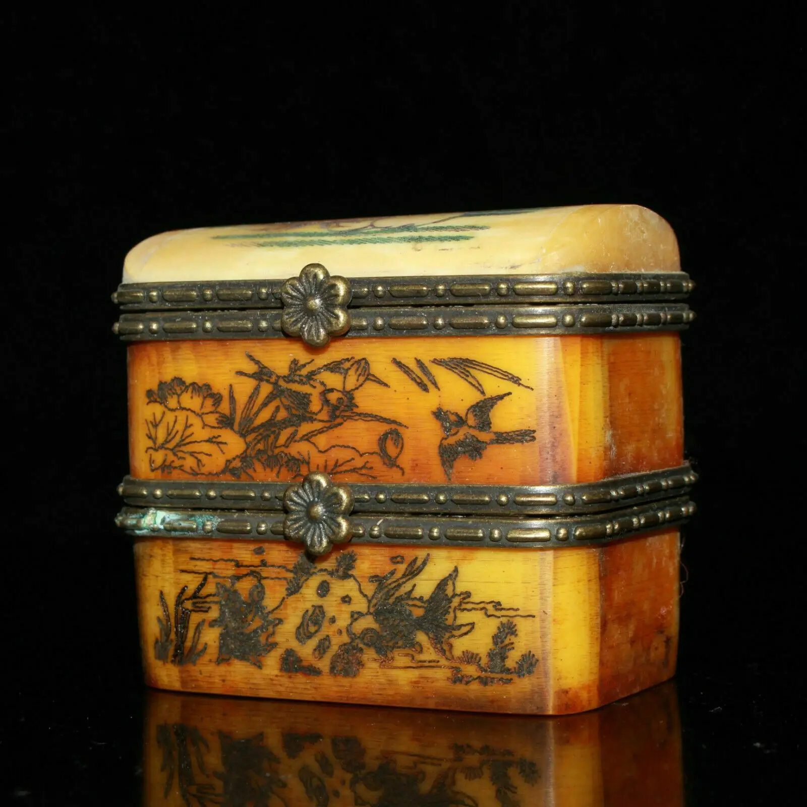 Rare Small Unique Vintage Antique Camel Bone Plum Trinket Jewelry Box 6